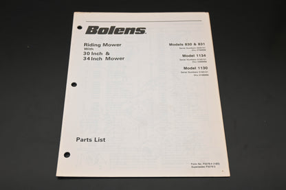 Bolens P3278-4 83 Riding Mower Models 830 831 1134 1130 Parts List