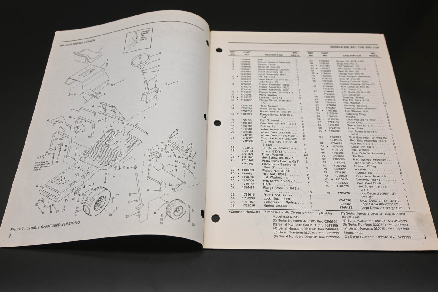 Bolens P3278-4 83 Riding Mower Models 830 831 1134 1130 Parts List
