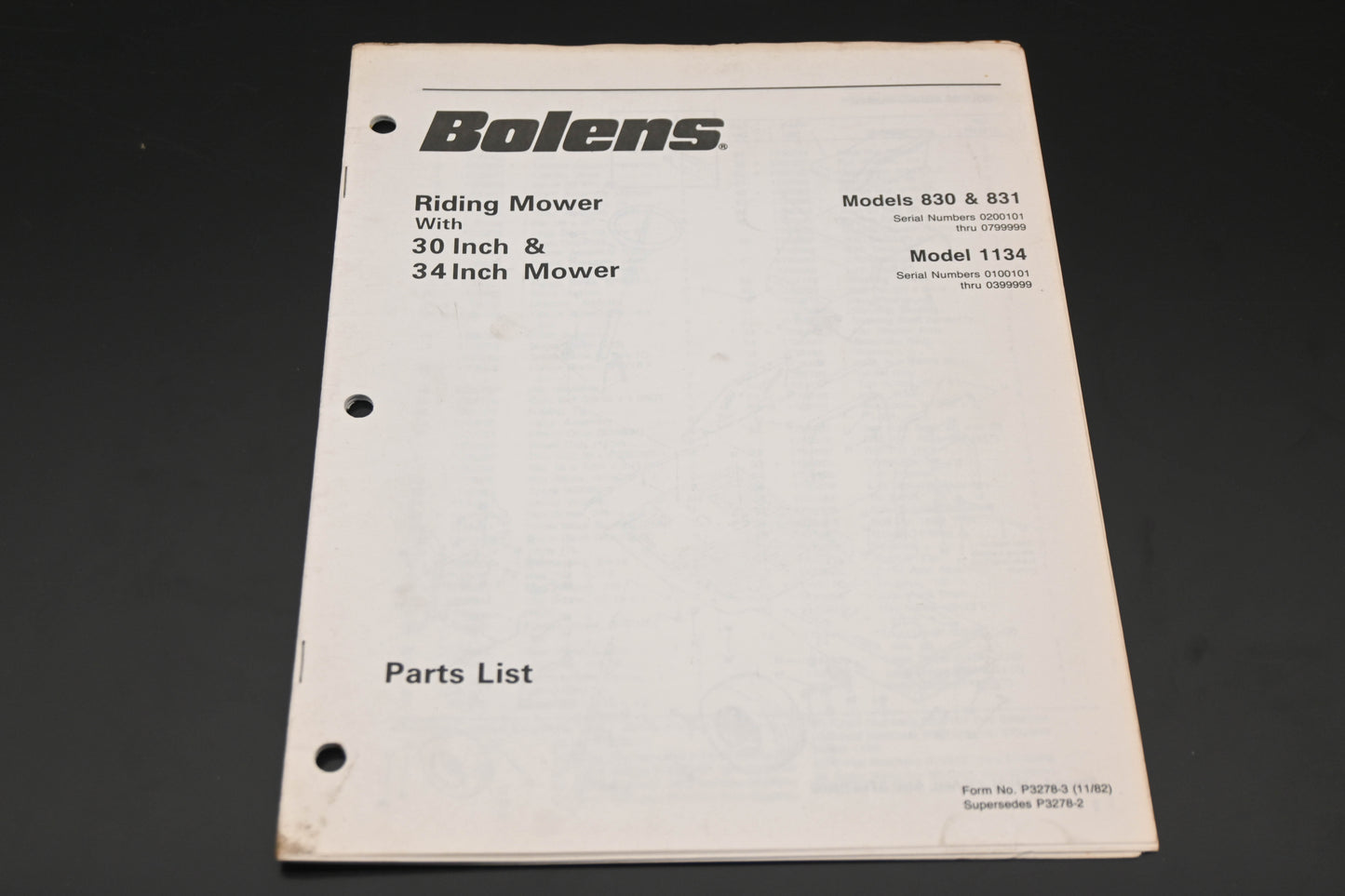 Bolens P3278-3 82 Riding Mower Models 830 831 1134 Parts List