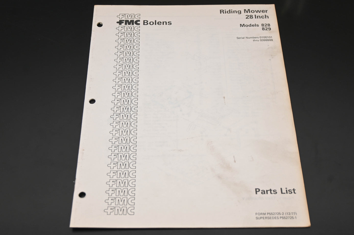 Bolens P552725-2 77 Riding Mower Models 828 829 Parts List