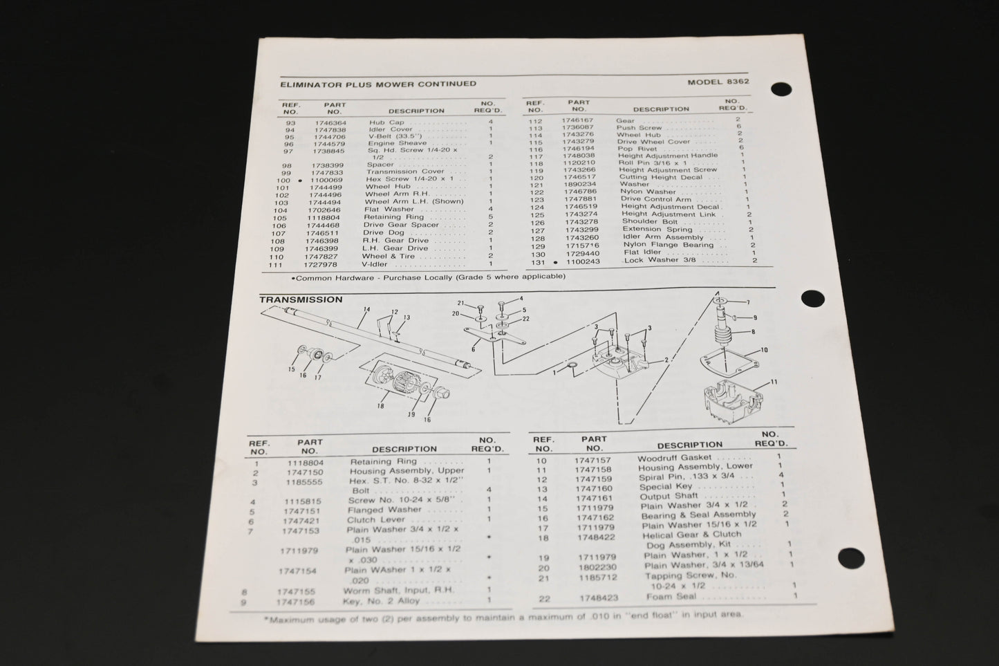 Bolens P3939 83 Eliminator Plus 21" Mower Model 8362 Parts List