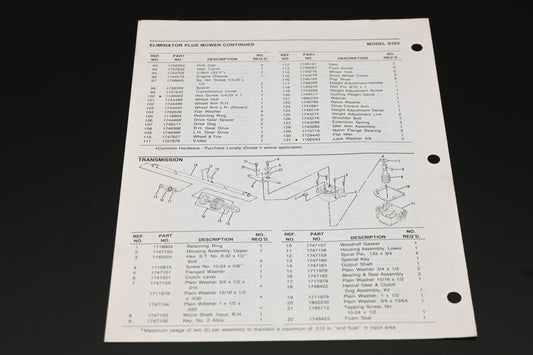 Bolens P3939 83 Eliminator Plus 21" Mower Model 8362 Parts List
