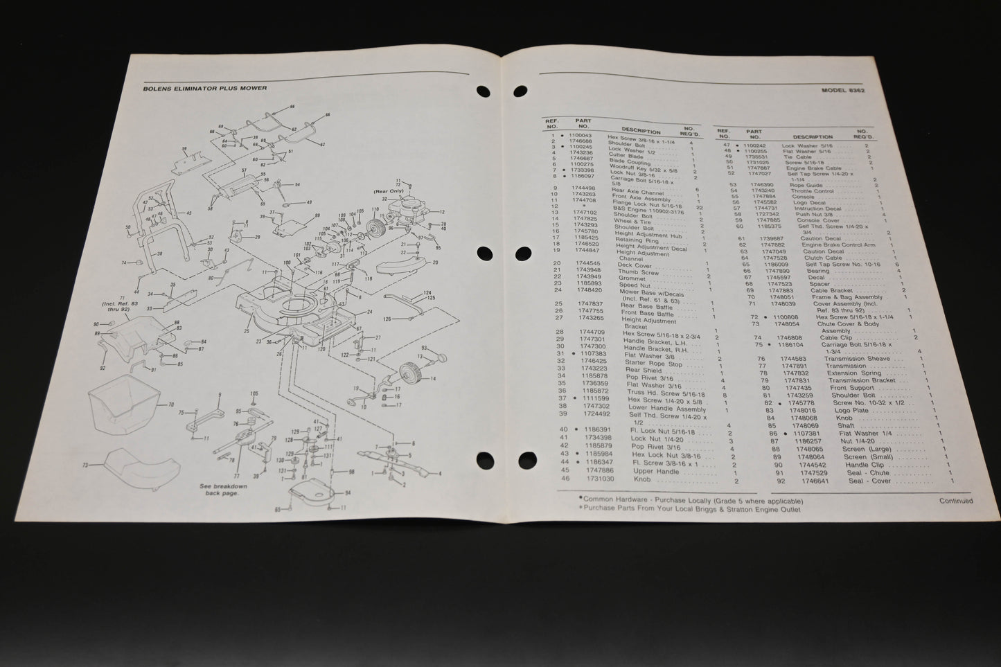Bolens P3939 83 Eliminator Plus 21" Mower Model 8362 Parts List
