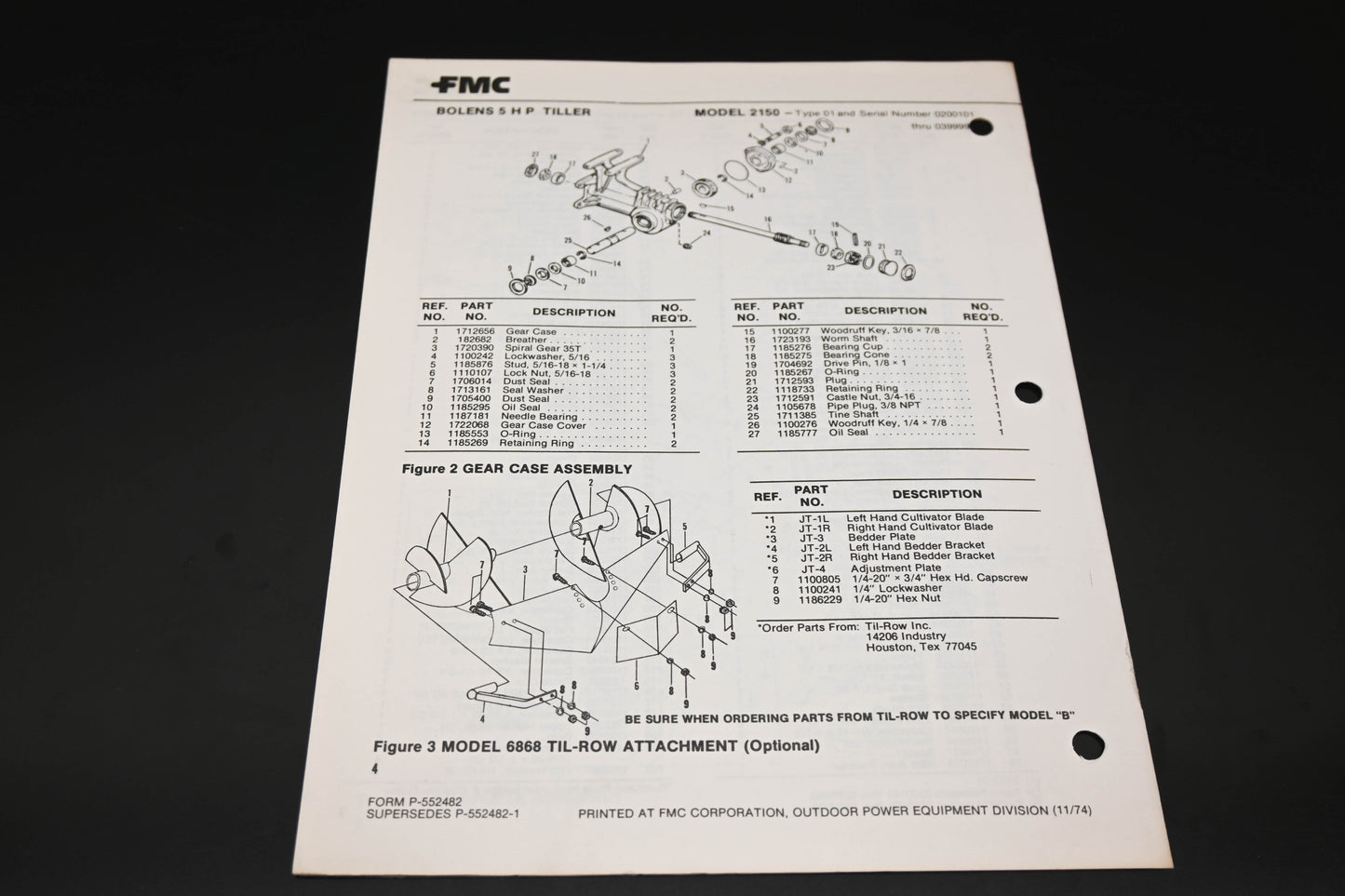Bolens P-552482 5HP Tiller Model 2150 Parts List