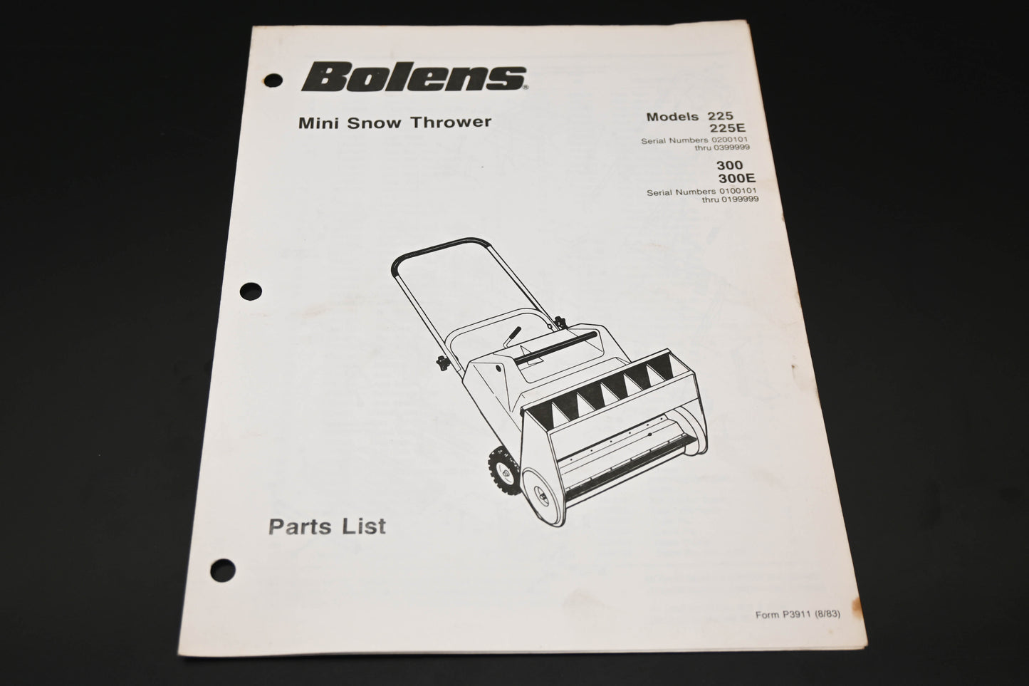 Bolens P3911 83 Mini Snow Thrower Models 225 300 Parts List