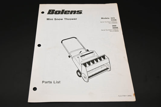 Bolens P3911 83 Mini Snow Thrower Models 225 300 Parts List