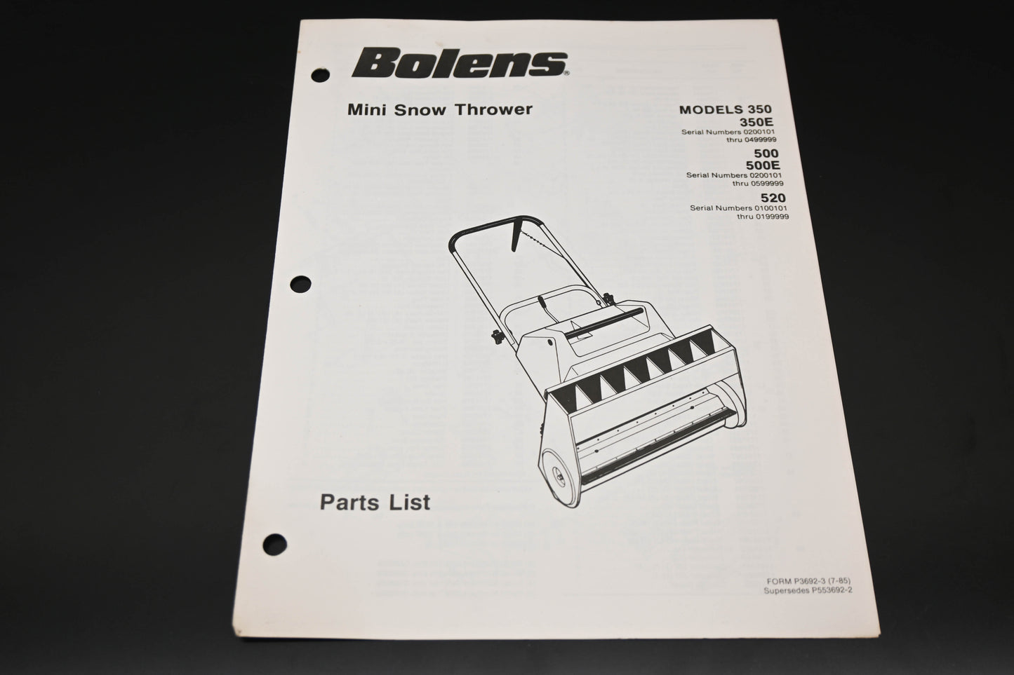 Bolens P3692-3 85 Mini Snow Thrower Models 350 500 520 Parts List