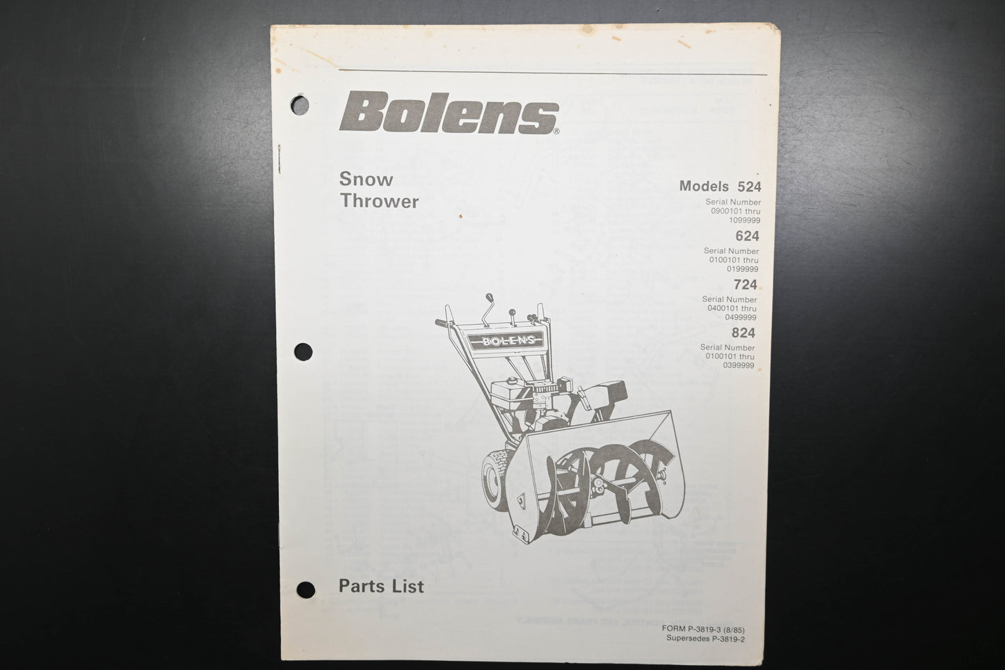 Bolens P-3819-3 85 Snow Thrower Models 524 624 724 824 Parts List