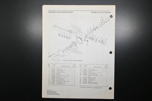 Bolens P-3819-3 85 Snow Thrower Models 524 624 724 824 Parts List