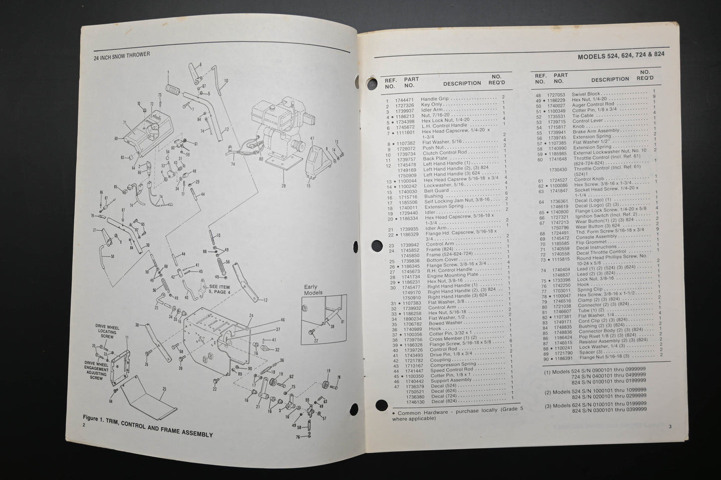 Bolens P-3819-3 85 Snow Thrower Models 524 624 724 824 Parts List