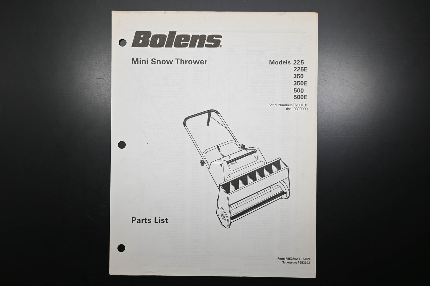 Bolens P553692-1 82 Mini Snow Thrower Models 225 350 500 Parts List