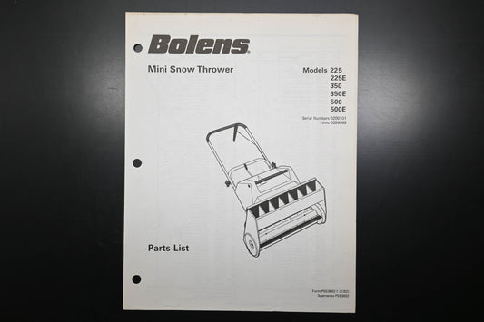 Bolens P553692-1 82 Mini Snow Thrower Models 225 350 500 Parts List