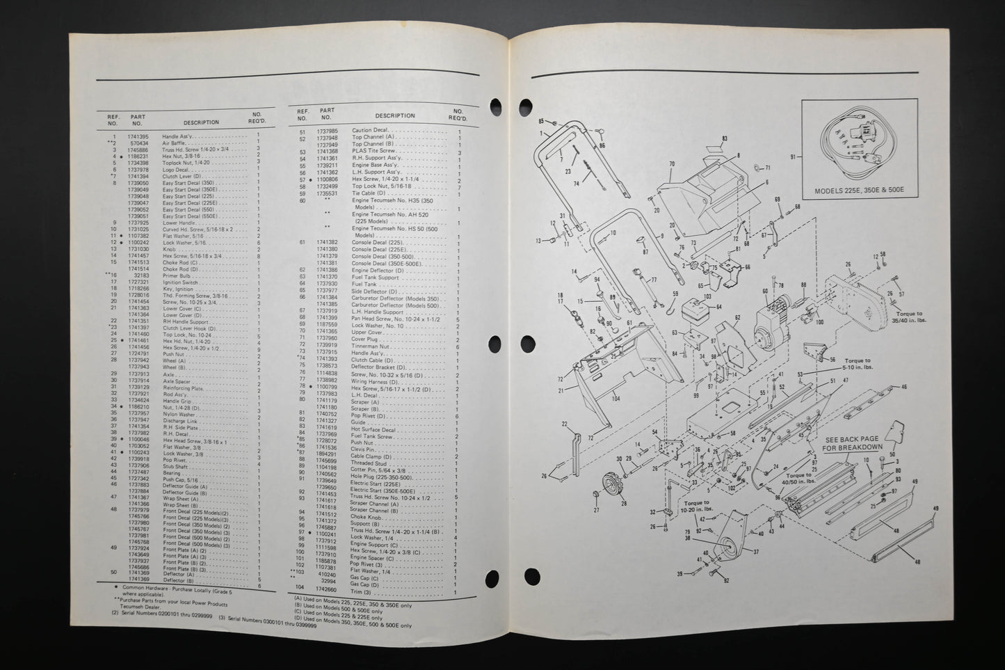 Bolens P553692-1 82 Mini Snow Thrower Models 225 350 500 Parts List