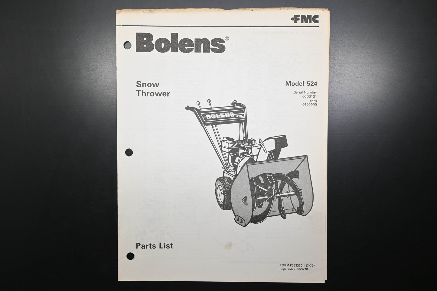 Bolens P553270-1 79 Snow Thrower Model 524 Parts List