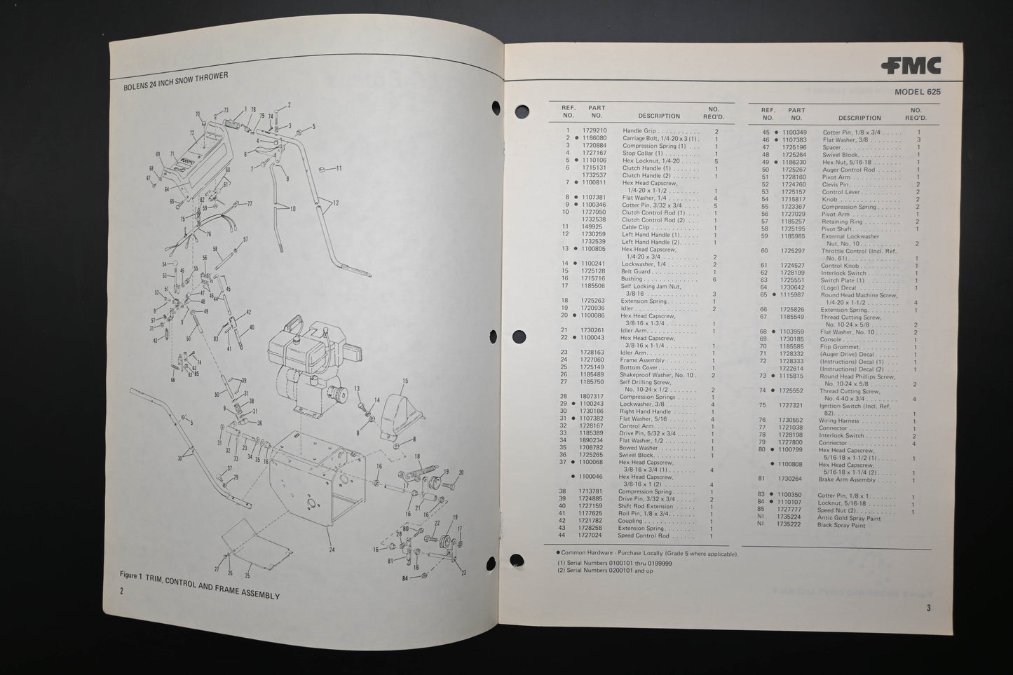 Bolens P552967-1 77 Snow Thrower Model 625 Parts List