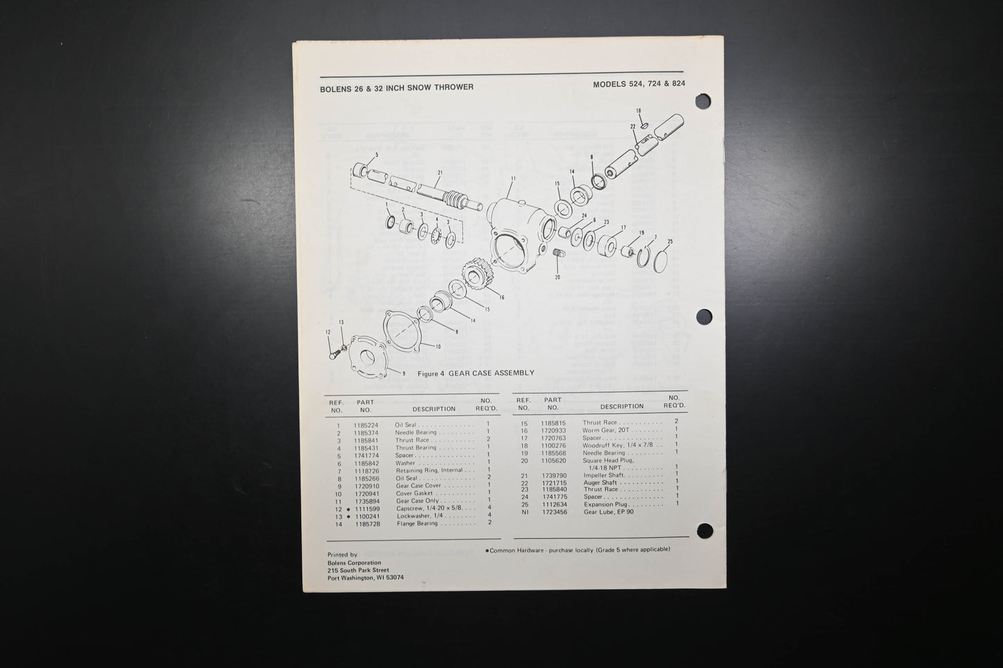 Bolens P-3819 82 Snow Thrower Models 524 724 824 Parts List