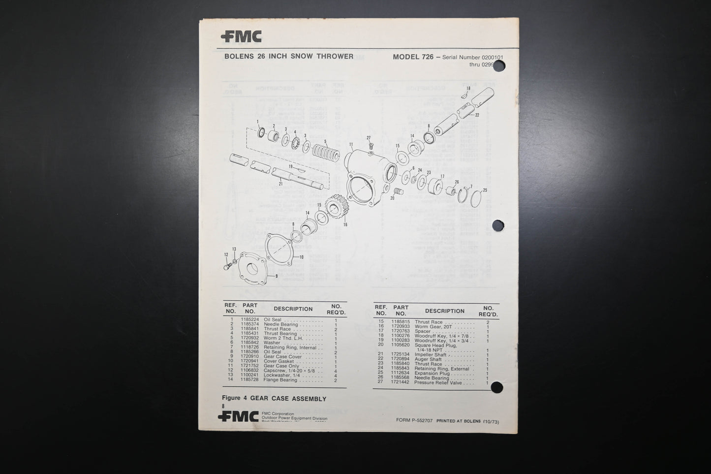 Bolens P-552707 73 Snow Thrower Model 726 Parts List