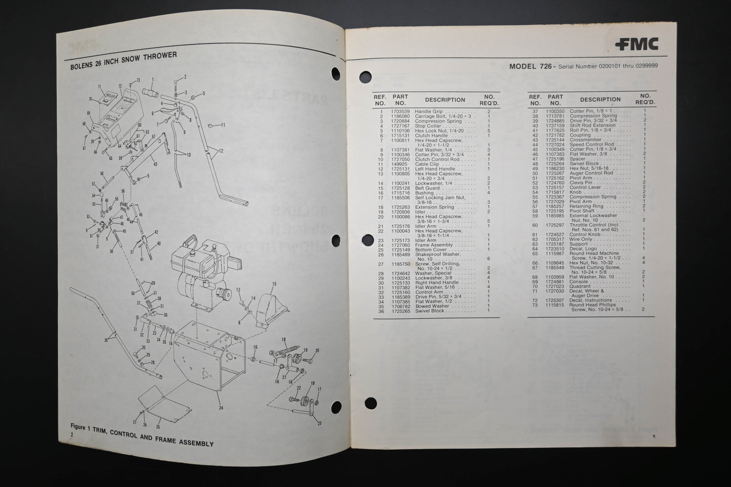 Bolens P-552707 73 Snow Thrower Model 726 Parts List