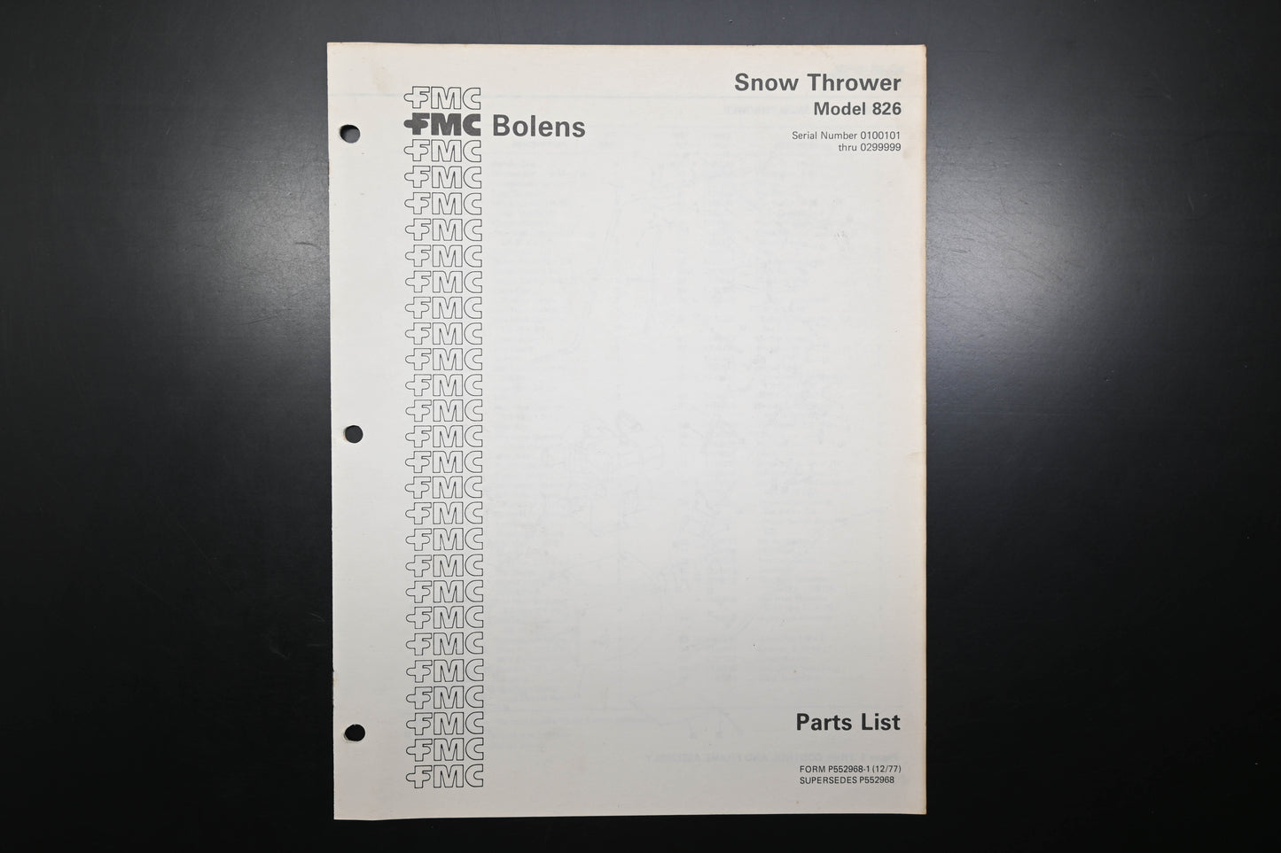 Bolens P552968-1 77 Snow Thrower Model 826 Parts List