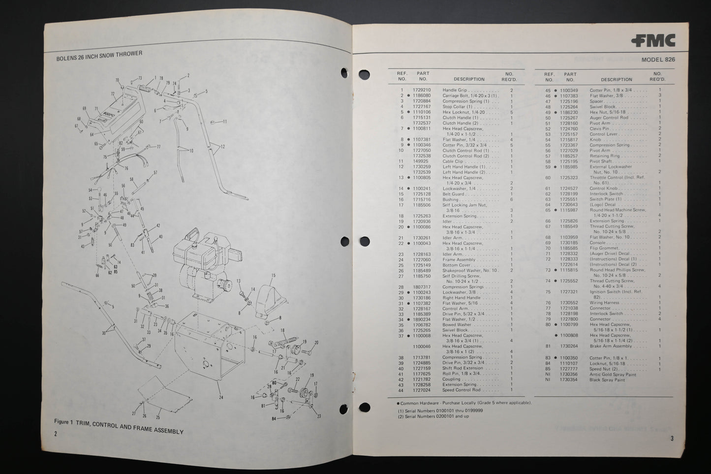 Bolens P552968-1 77 Snow Thrower Model 826 Parts List