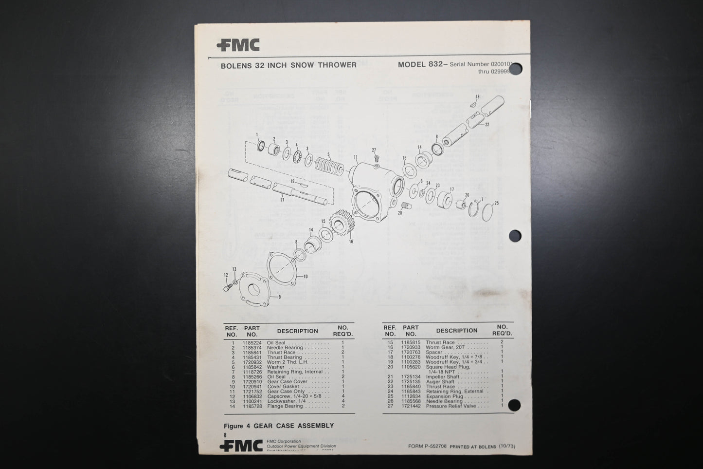 Bolens P-552708 73 Snow Thrower Model 832 Parts List