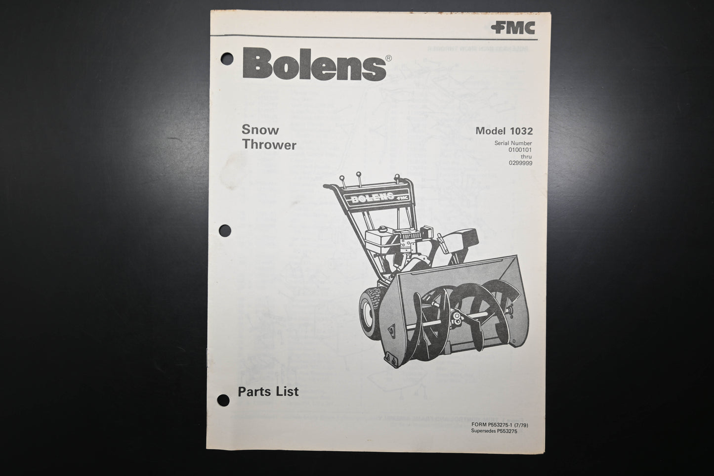 Bolens P553275-1 79 Snow Thrower Model 1032 Parts List