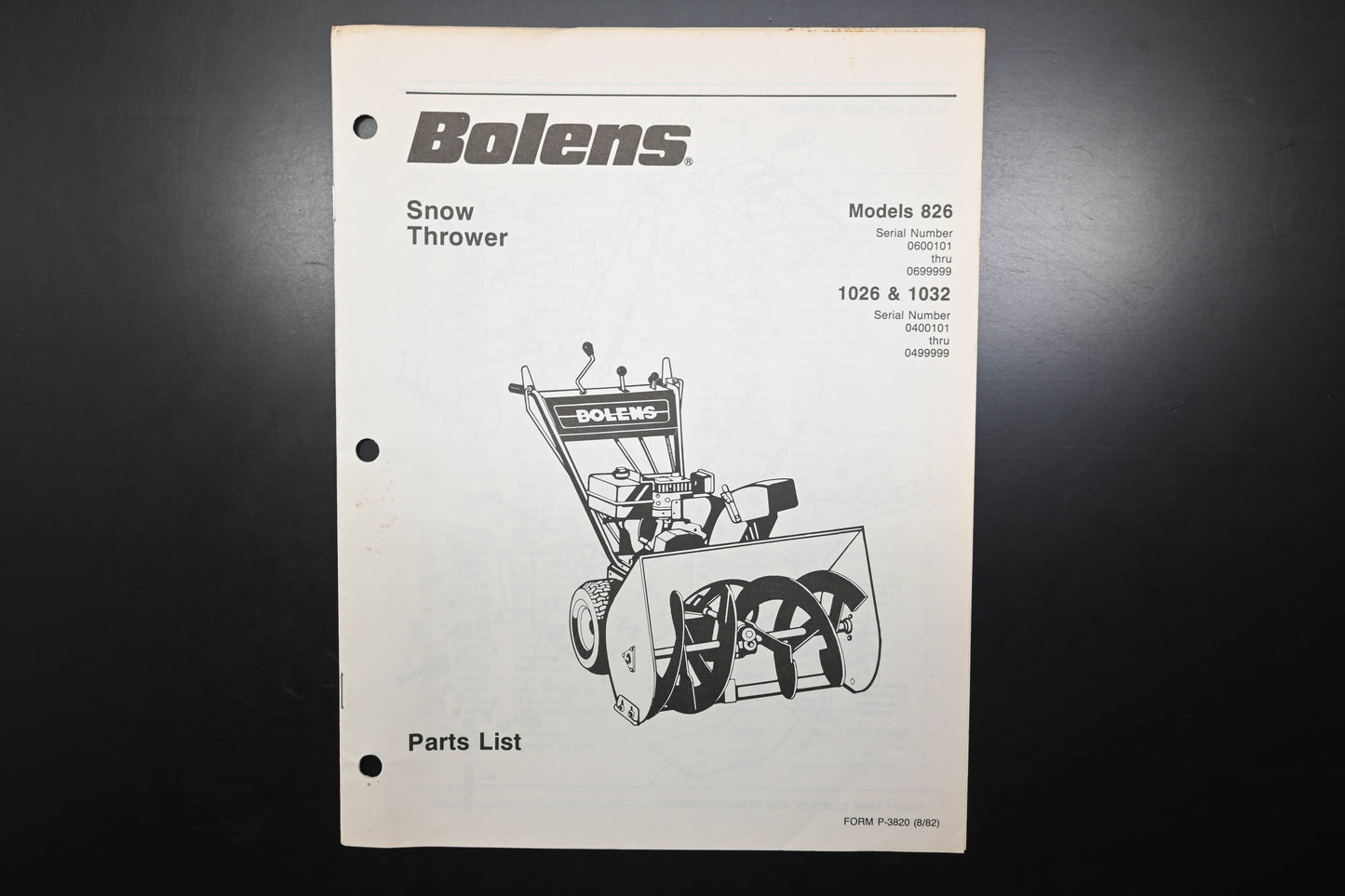 Bolens P-3820 82 Snow Thrower Models 826 1026 1032 Parts List