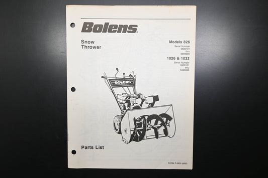 Bolens P-3820 82 Snow Thrower Models 826 1026 1032 Parts List