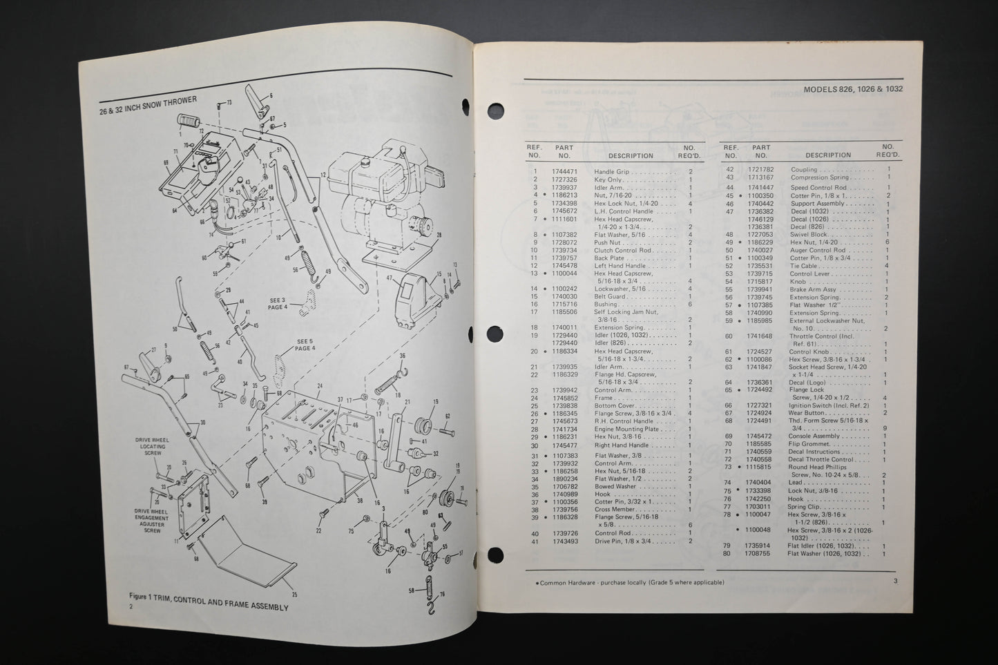 Bolens P-3820 82 Snow Thrower Models 826 1026 1032 Parts List
