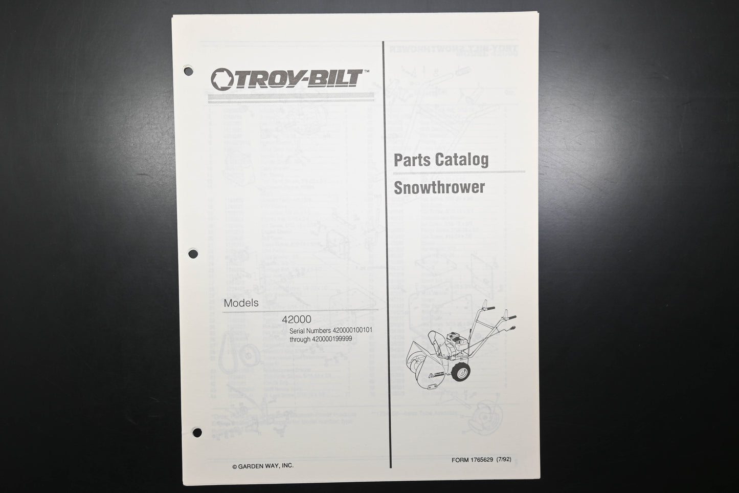 Troy-Bilt 1765629 Snow Thrower Model 42000 Parts Catalog