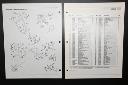 Troy-Bilt 1765629 Snow Thrower Model 42000 Parts Catalog
