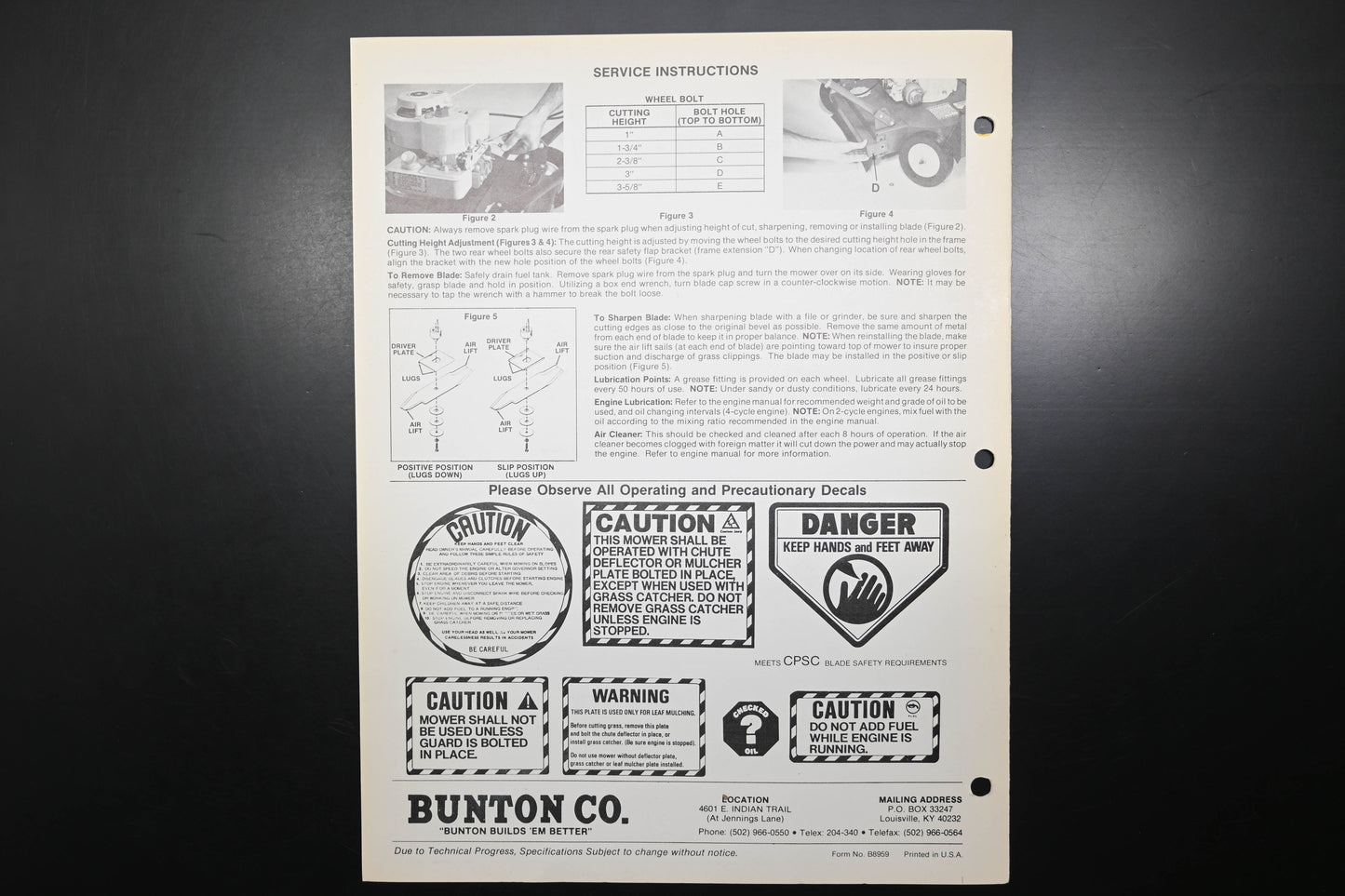 Bunton B8959 21" Push Mower Instruction Manual