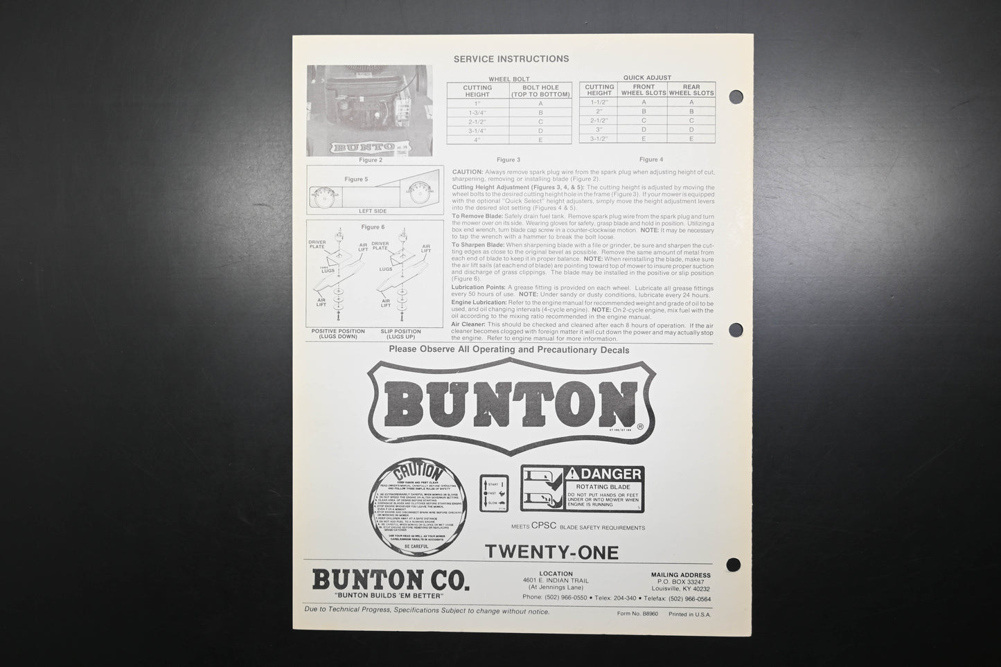 Bunton B8960 21" Push Mower Instruction Manual