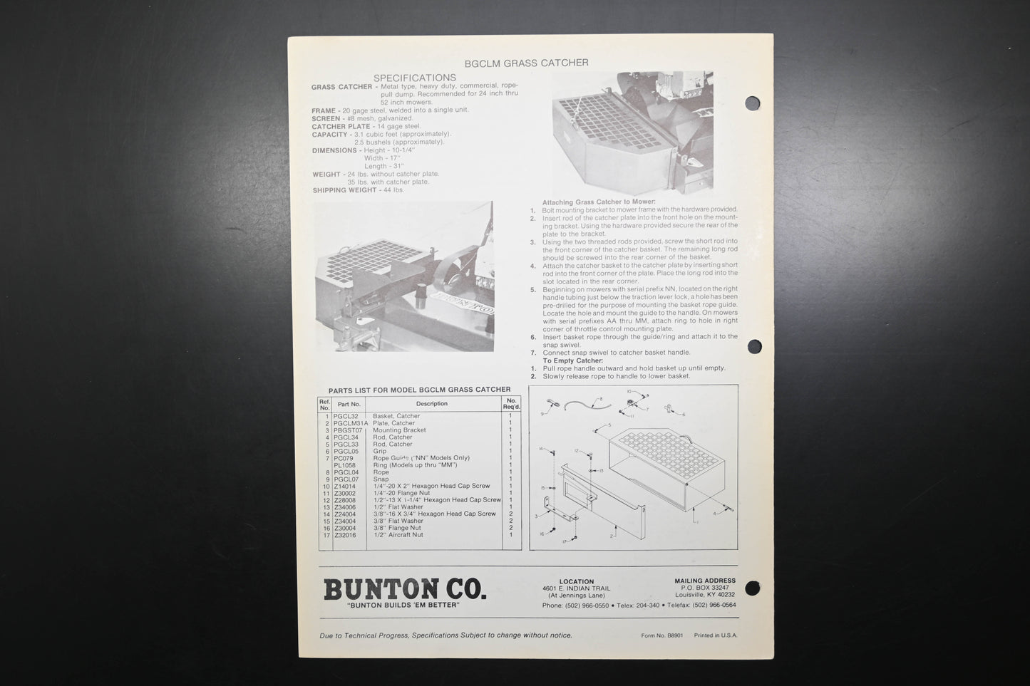 Bunton B8901 BGCLM BGPT Grass Catcher Parts List & Owners Manual