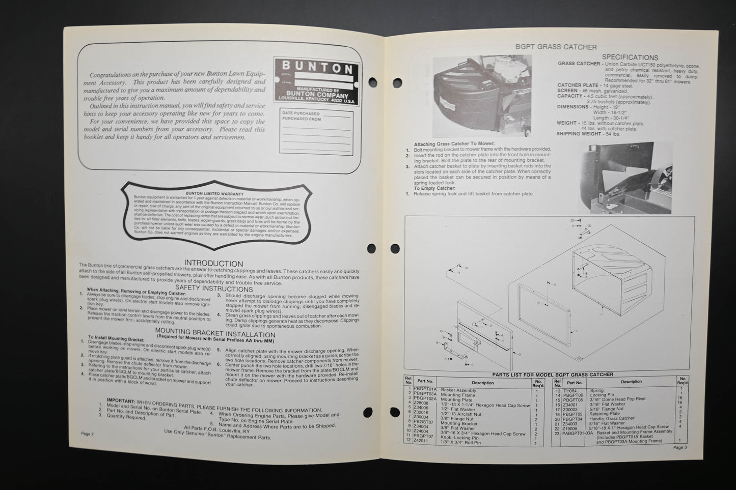 Bunton B8901 BGCLM BGPT Grass Catcher Parts List & Owners Manual