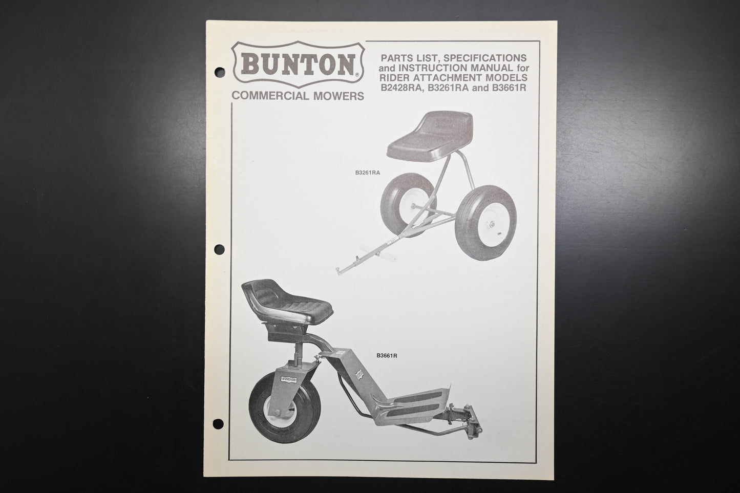 Bunton B9001 Rider Attachment Parts List & Owner's Manual