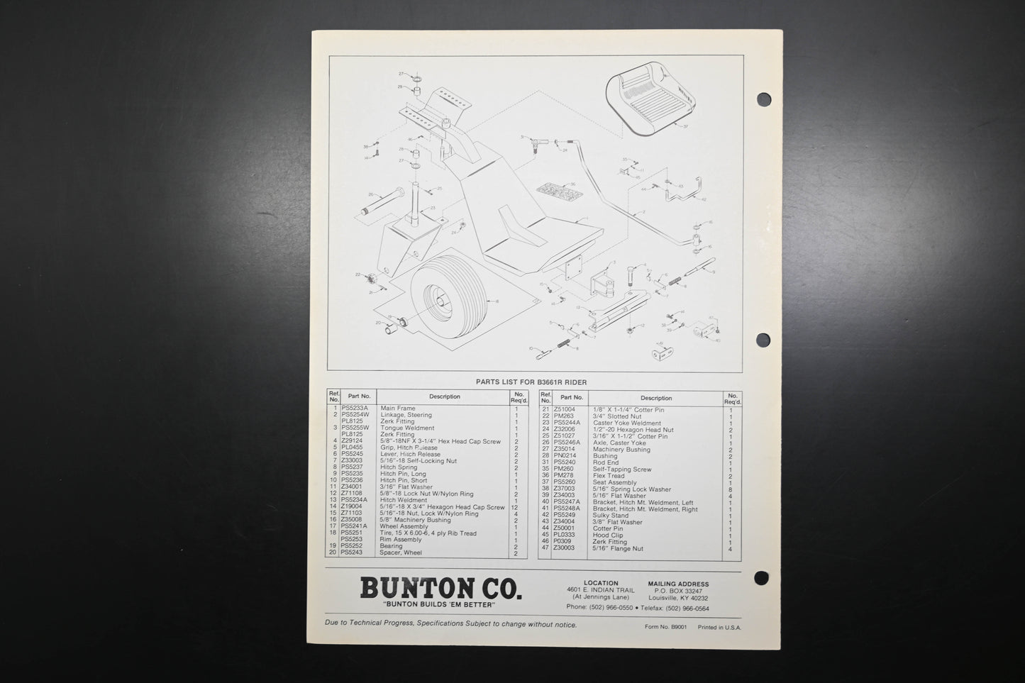 Bunton B9001 Rider Attachment Parts List & Owner's Manual