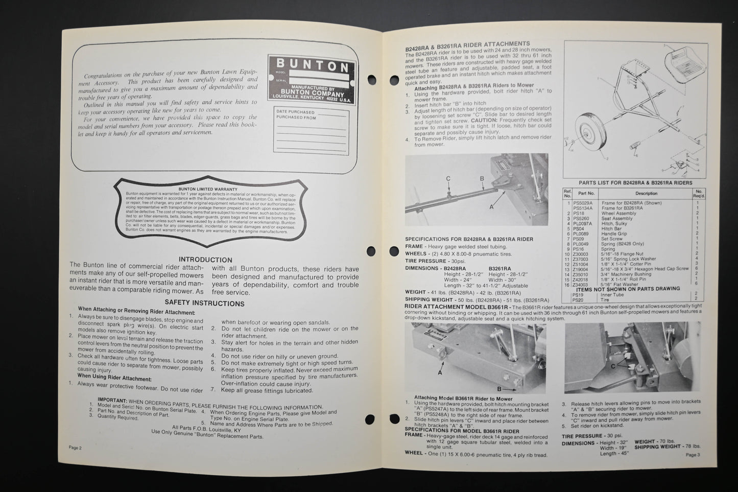 Bunton B9001 Rider Attachment Parts List & Owner's Manual