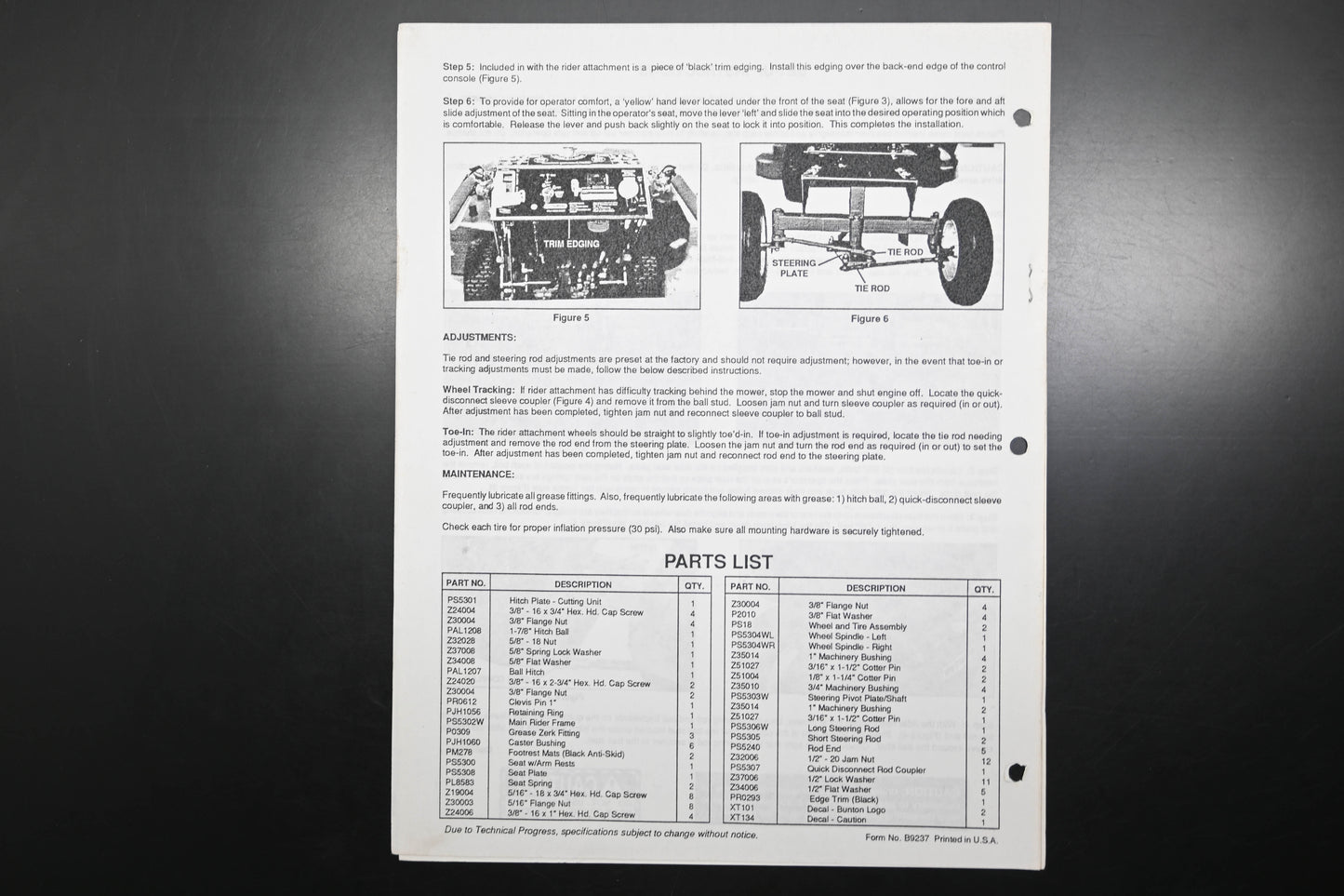 Bunton B9237 BH3661RA Rider Attachment Operator's Parts Manual