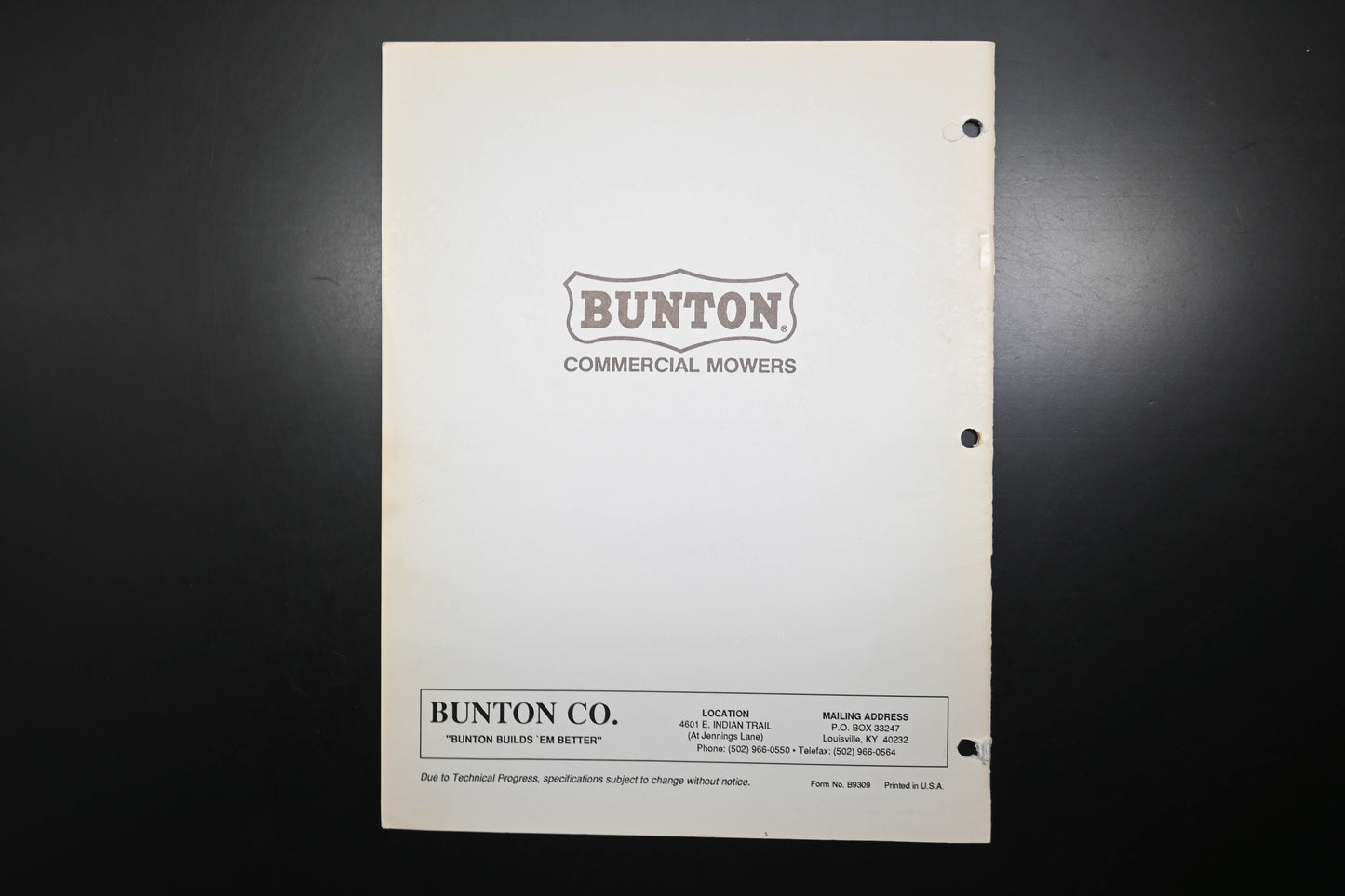 Bunton B9309 36" - 61" Commercial Mower Parts Manual