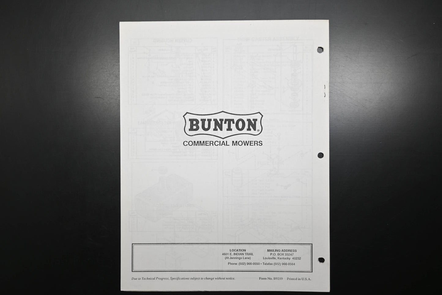 Bunton B9219 48" - 61" Commercial Riding Mower Parts Manual
