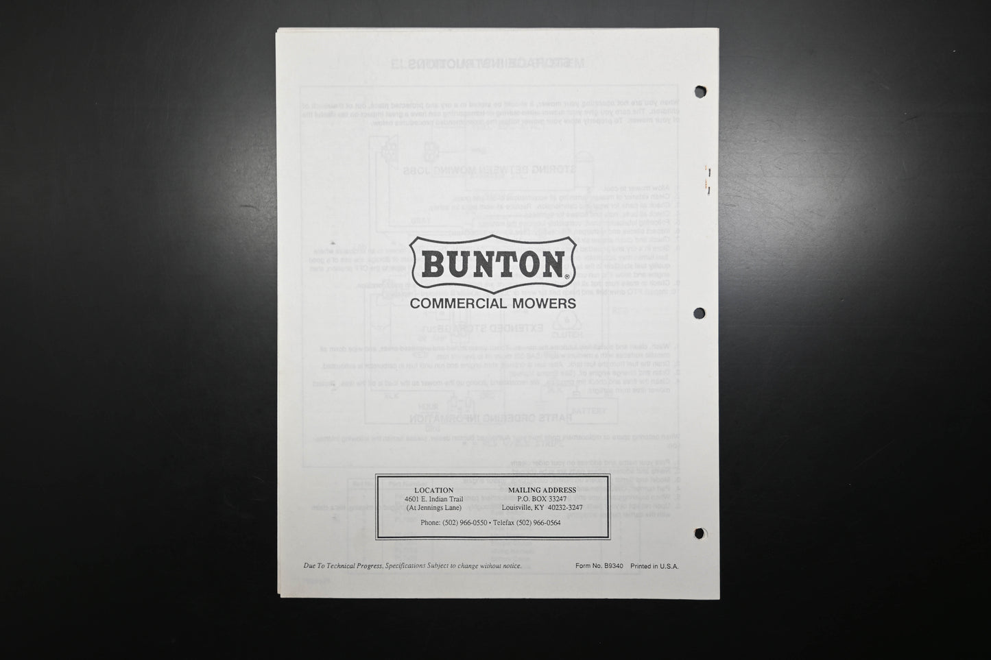 Bunton B9340 Zero Turn Mower & Deck Operator's Manual