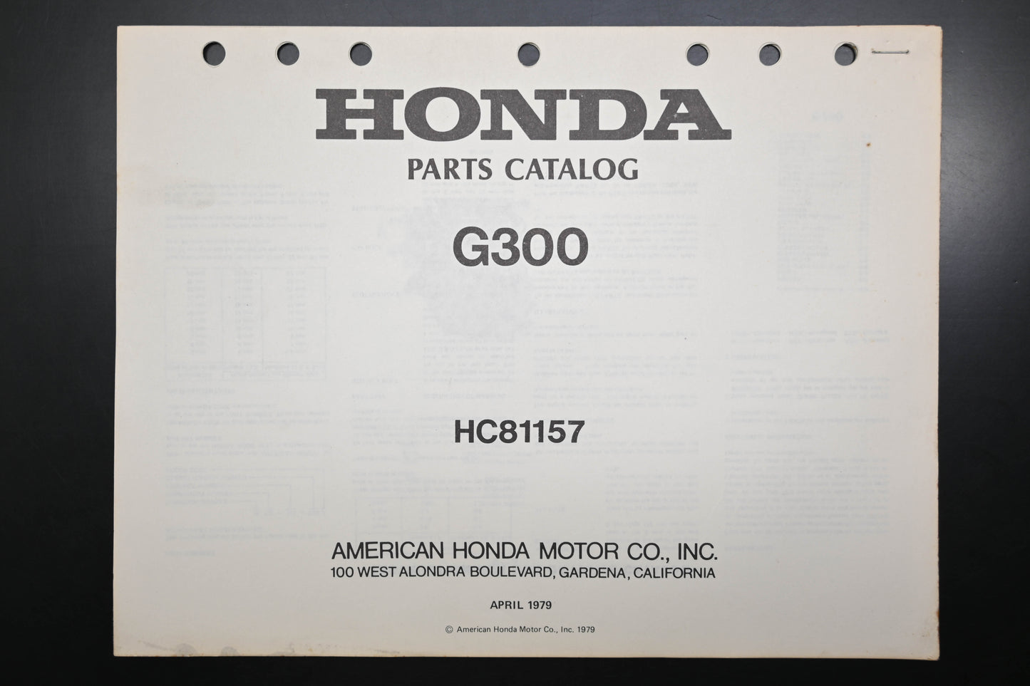 OEM Honda HC81157 G300 Engine Parts Catalog
