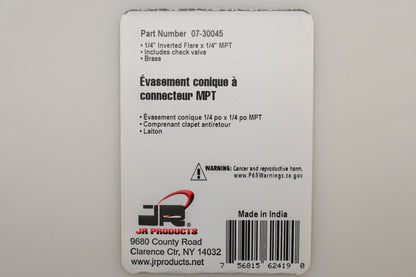 JR Products 07-30045 1/4" Inverted Flare To MPT Connector Check Valve Qty 2 NOS