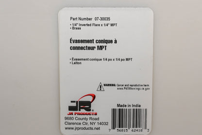 JR Products 07-30035 1/4" Inverted Flare To MPT Connector NOS