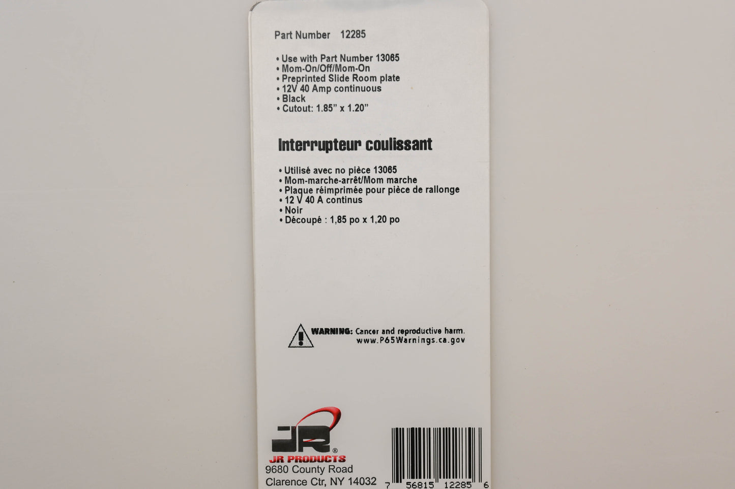 JR Products 12285 12V-40A On/Off/On Momentary Slide-Out Switch NOS