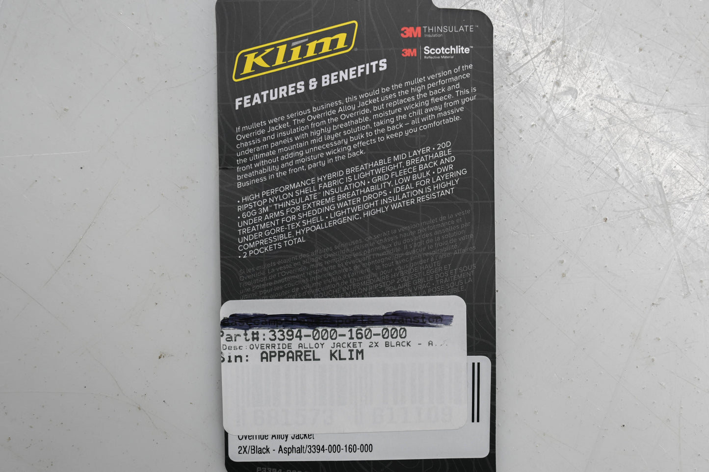 Klim 3394-000-160-000 Mens 2XL Black/Charcoal Overide Alloy Jacket NOS