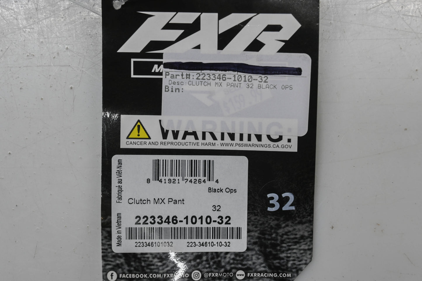 FXR 223346-1010-32 Size 32 Black Ops Clutch MX Pants NOS