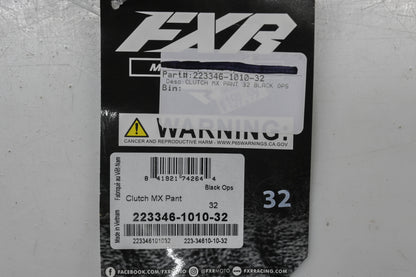 FXR 223346-1010-32 Size 32 Black Ops Clutch MX Pants NOS