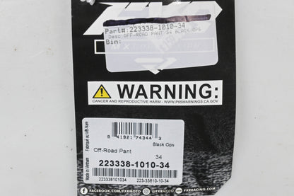 FXR 223338-1010-34 Size 34 Black Ops Off-Road Pants NOS